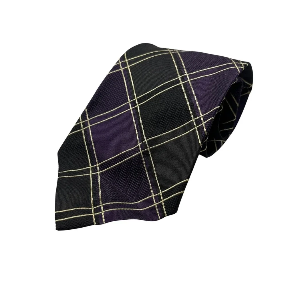 Polo by Ralph Lauren Mens Necktie Black‎ Purple Plaid Pattern Formal Tie VTG